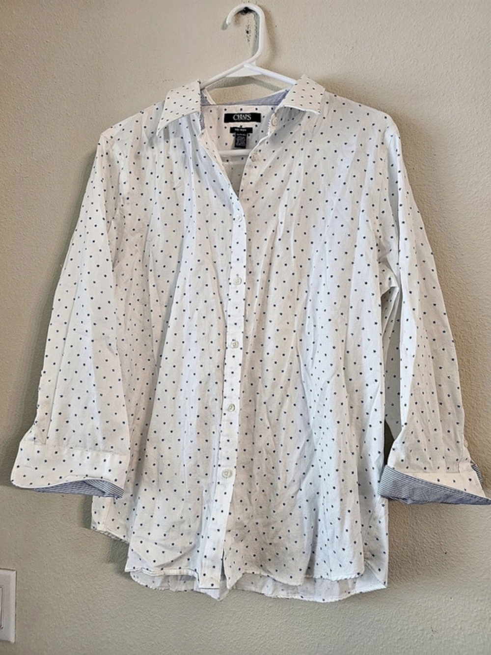 Chaps Women's Polka Dot Button Down White Blue XL Like New